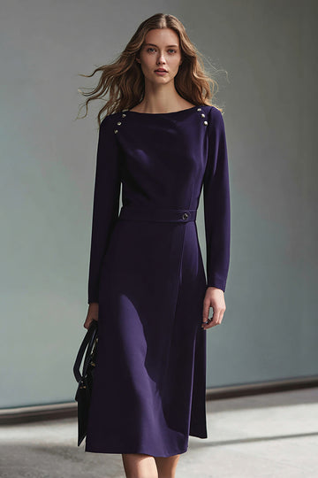 Long Sleeve Dark Purple Sheath Midi Work Dress With Slit